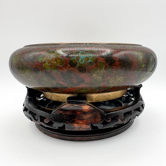Vintage Chinese Cloisonne Enamel Bowl with Carved Lacquer Wood Stand - Picture 11 of 13